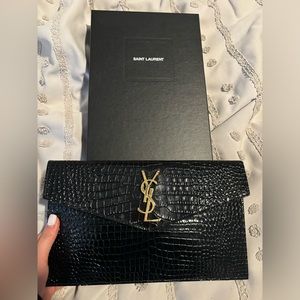 YSL croc embossed uptown pouch w gold hardware WITH BOX